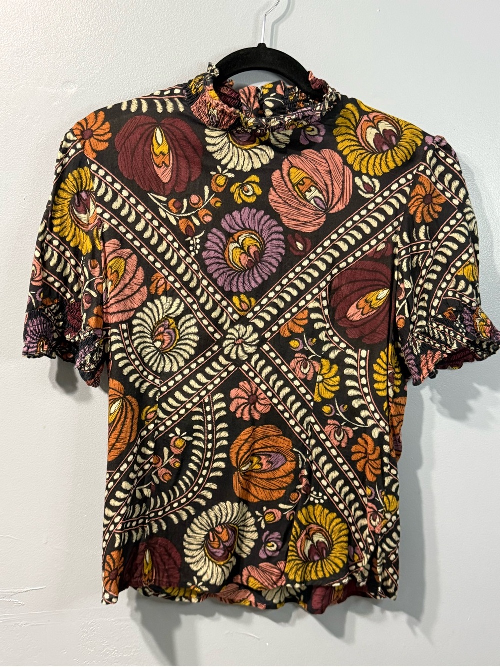 Double D Ranch Brown Desert Floral Blouse Ruffled Neck Puff Sleeve Women’s XS